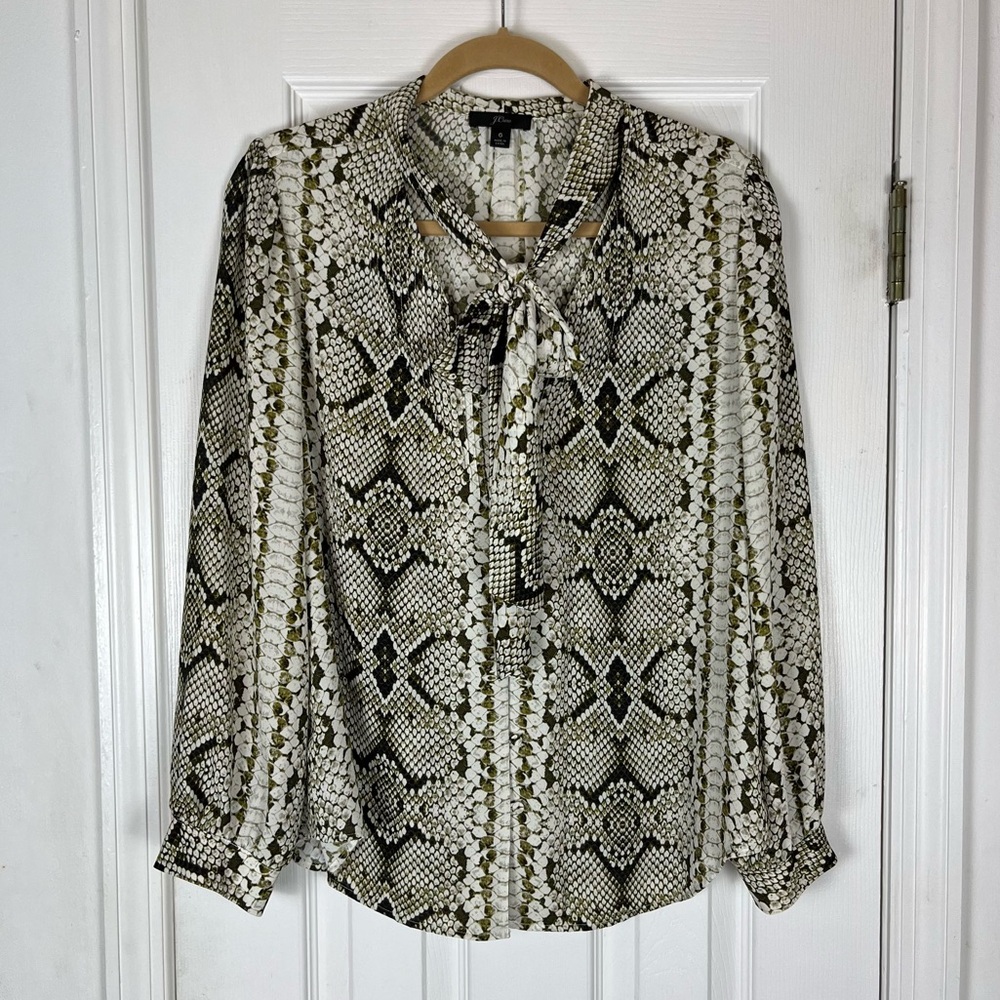 J. Crew Snakeskin Print Drapey Tie-Neck Button-Up Blouse